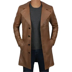 Men’s Distressed Brown Leather Winter Trench Coat