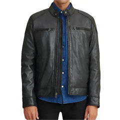 Men’s Leather Motorcycle Jacket with Shoulder Patches