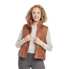 Women’s Tan Brown Leather Puffer Vest