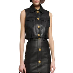 Women's Real Leather Cropped Biker Vest