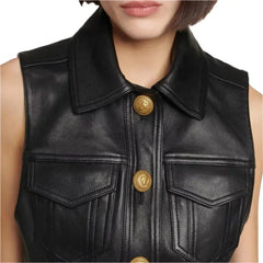 Women's Real Leather Cropped Biker Vest